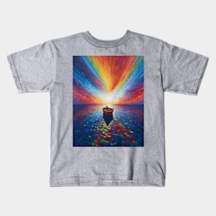 Lone Man on Boat under the Rainbow Sky Mosaic Kids T-Shirt